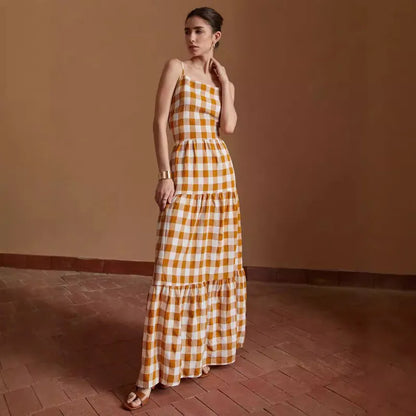 Vestido Cuadriculado Sin Espalda Estilo Boho