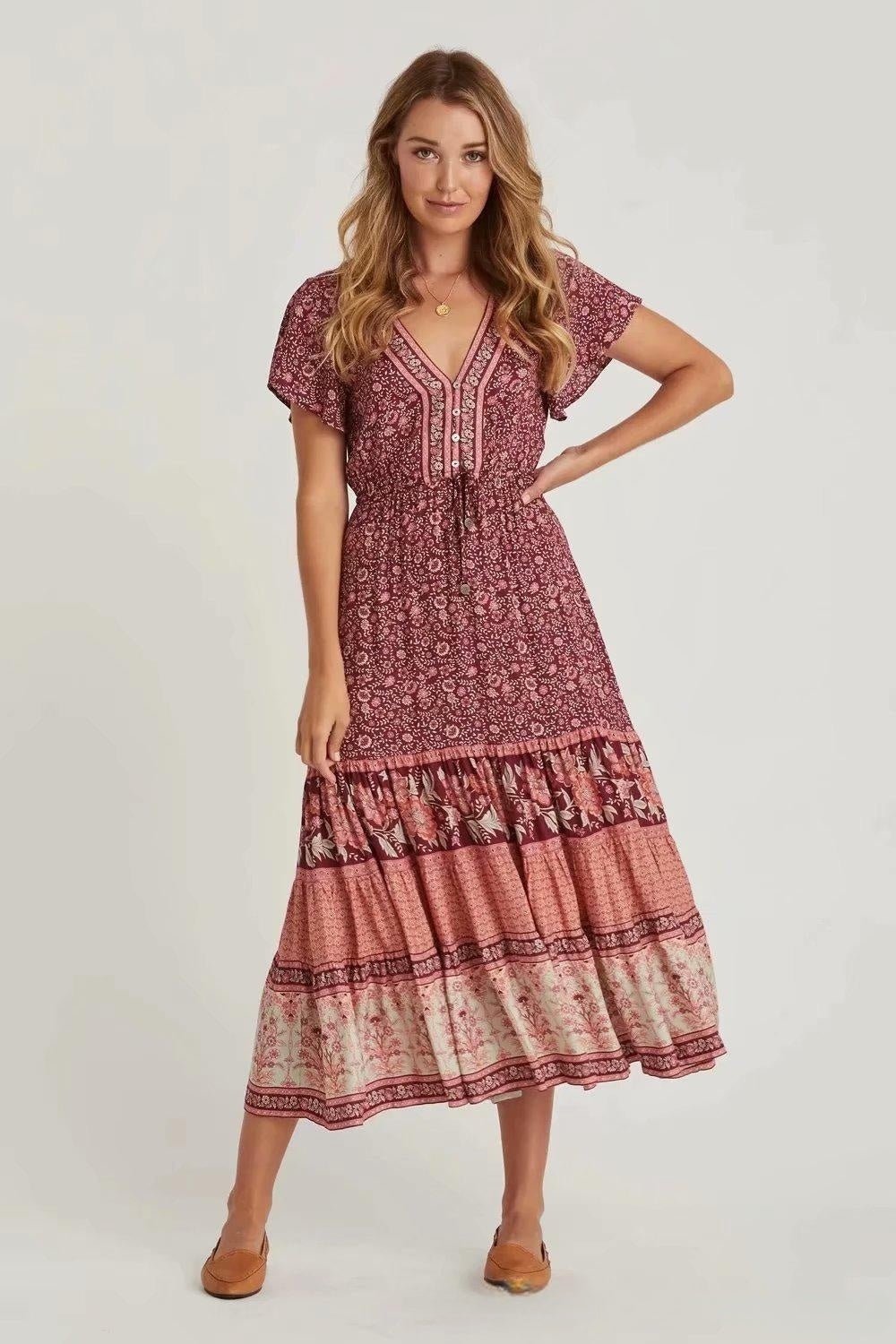 Vestido Midi Flores Escote V Elegante - Vestiria