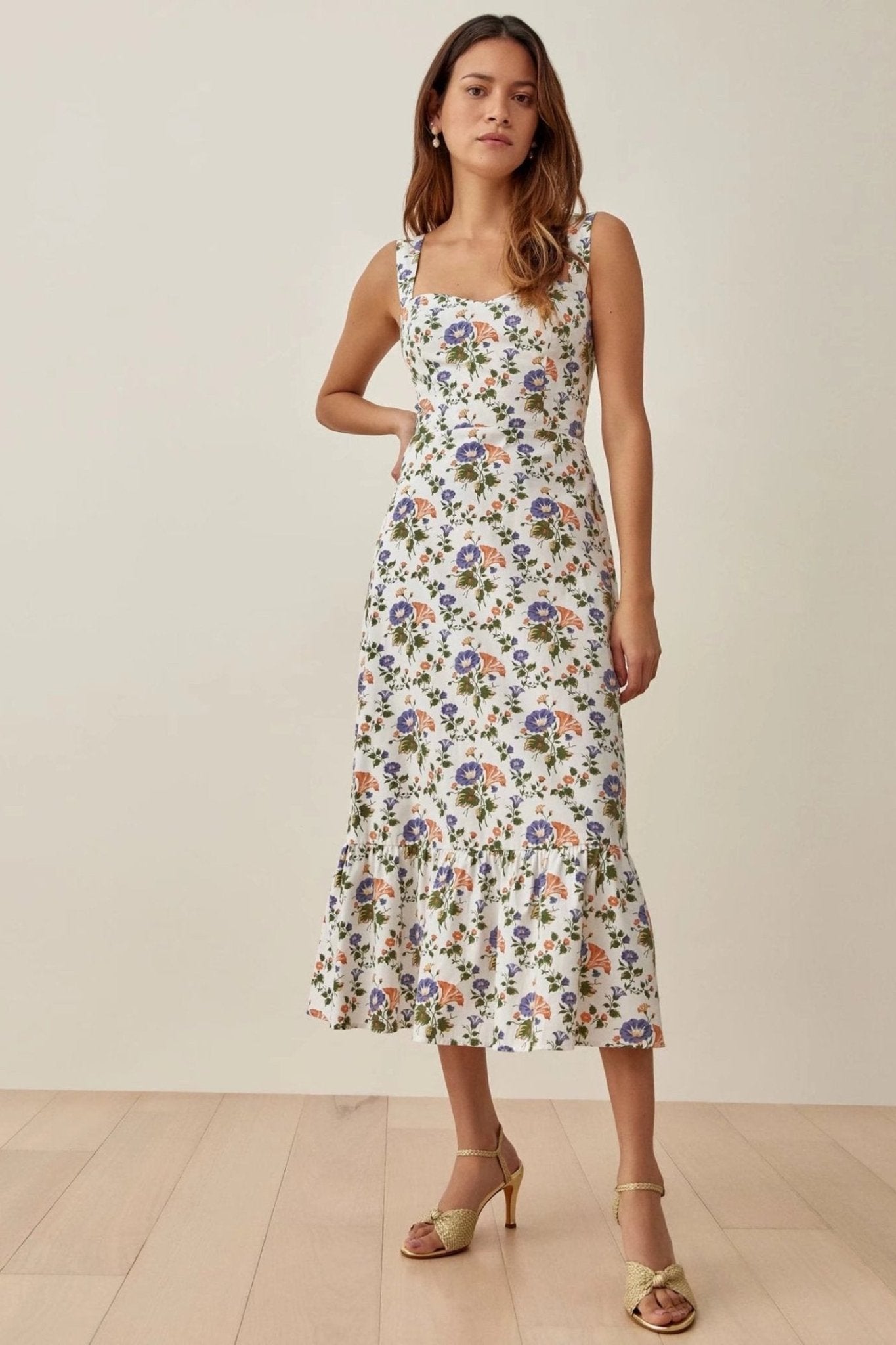 Vestido Midi Estampado con Tirantes Flores - Vestiria