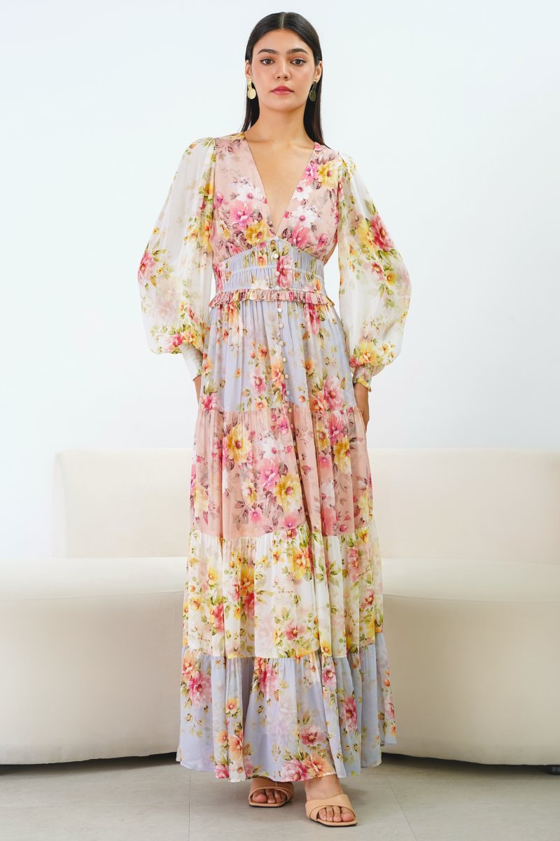 Vestido Largo Floral con Escote en V Elegante - Vestiria