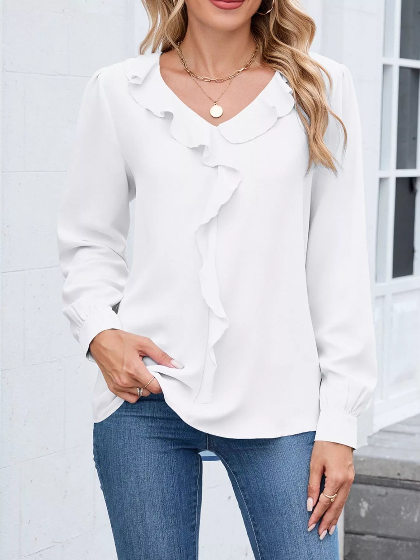 Blusa Mujer Elegante Cuello V y Volantes
