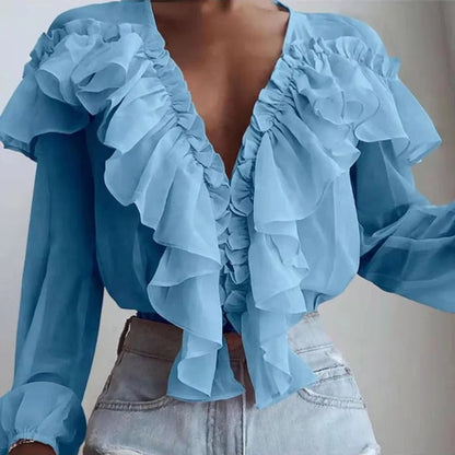 Blusa Mujer Elegante con Volantes y Cuello en V