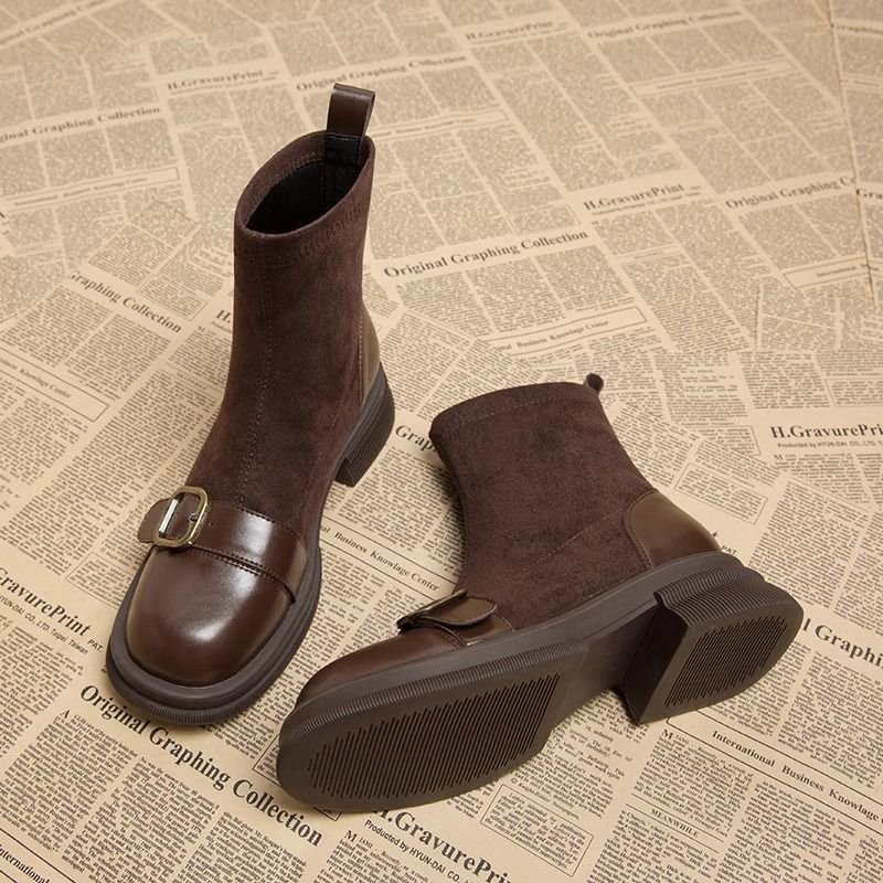 Botas Mujer Tacón Bajo Ajustadas con Hebilla