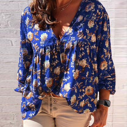 Blusa Floral Mujer Elegante Cuello en V - Vestiria