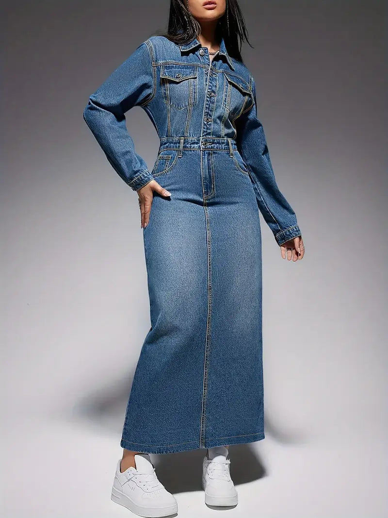 Vestido Largo Denim con Mangas Largas - Vestiria