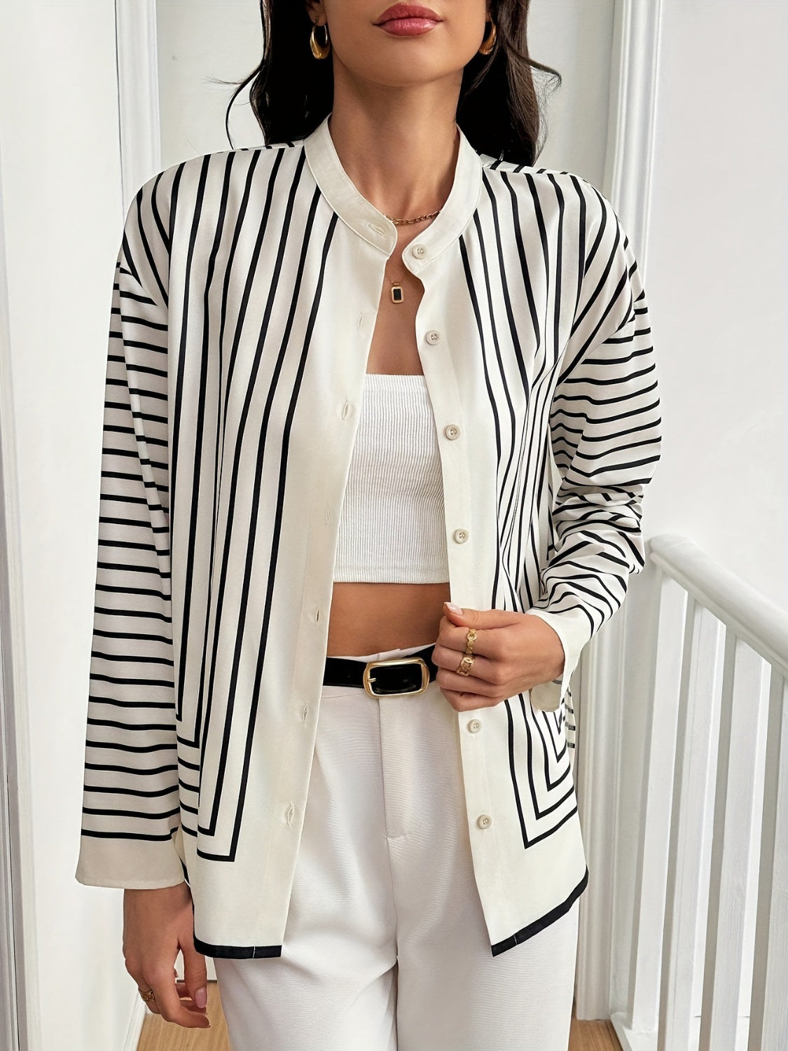 Camisa Rayas Manga Larga Cuello Alto - Vestiria