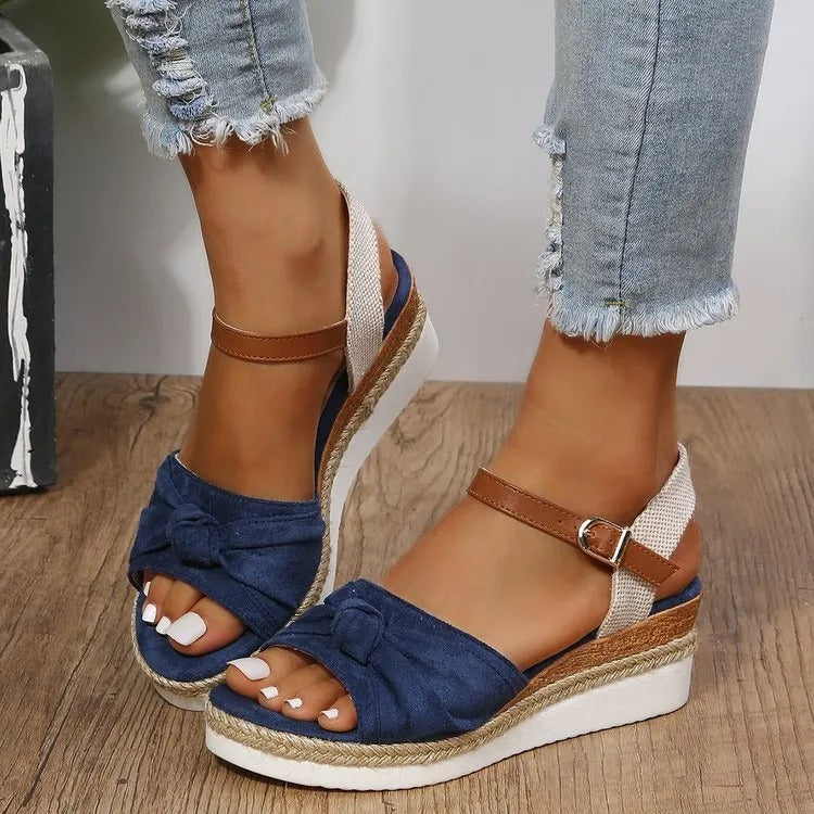 Sandalias Mujer Lona Con Lazo Alto Estilo Verano