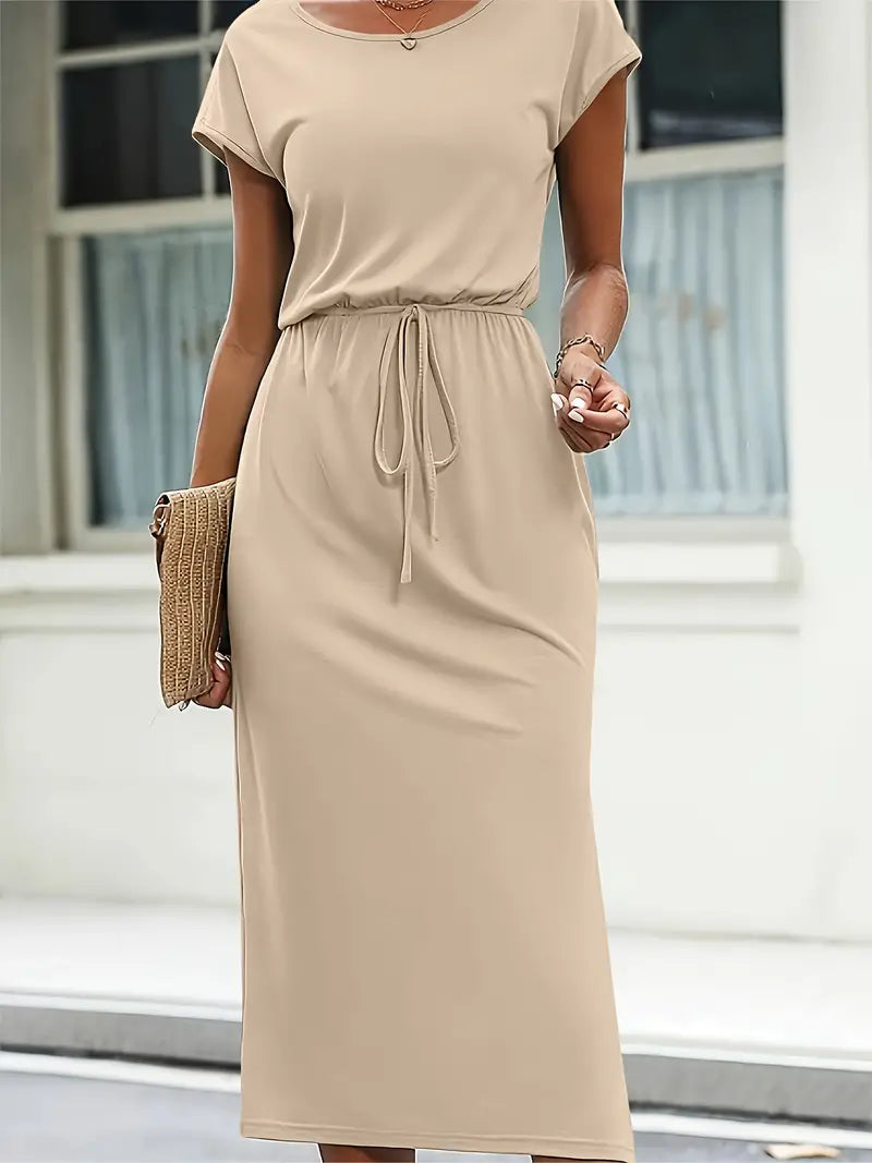Vestido Ligero Manga Corta Cinturón Adornado - Vestiria