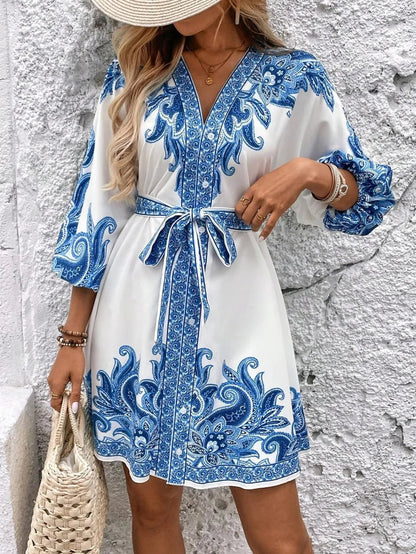 Vestido Corto Elegante Cuello en V Manga Larga - Vestiria
