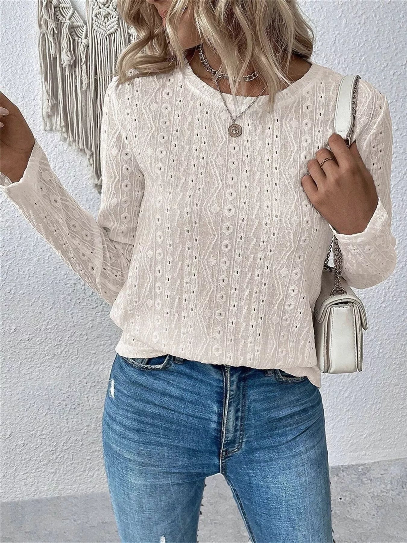 Blusa Mujer Manga Larga Elegante Cuello Redondo