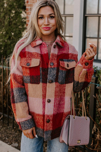 Chaqueta Cuadros Naranja Amplia con Bolsillos