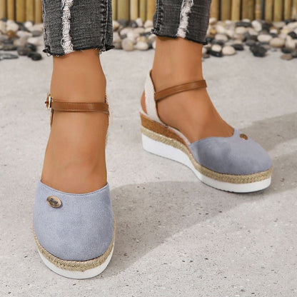 Sandalias Cuña Mujer Lona con Correa Ajustable de Esparto