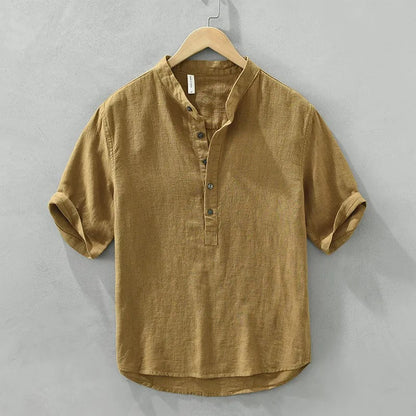 Camisa Lino Hombre Cuello Mao Estilo Relajado - Vestiria