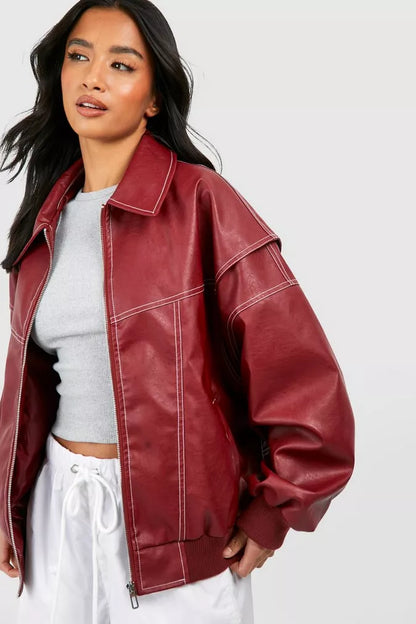 Chaqueta Mujer Cuero Oversize con Costuras Destacadas