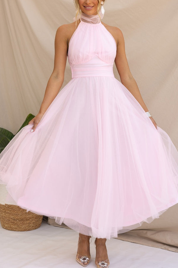 Vestido Midi Elegante con Escote Halter y Falda Aireada