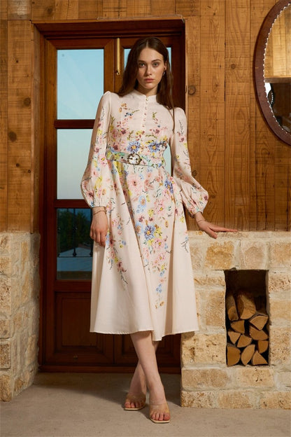 Vestido Midi Floral Con Cinturón Mujer