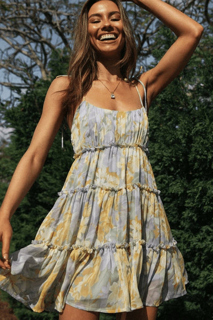 Vestido Corto Gasa Volante Floral - Vestiria