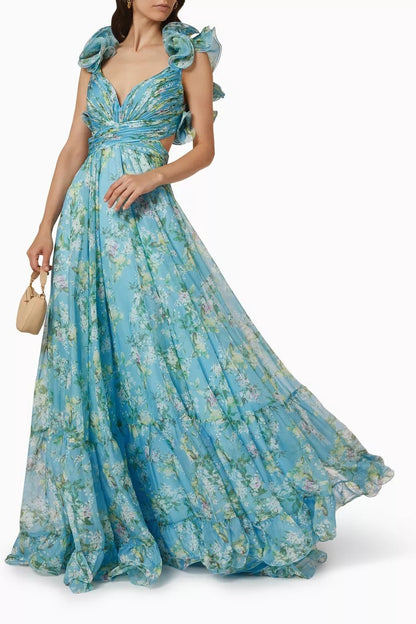 Vestido Maxi Estampado Florado con Volantes