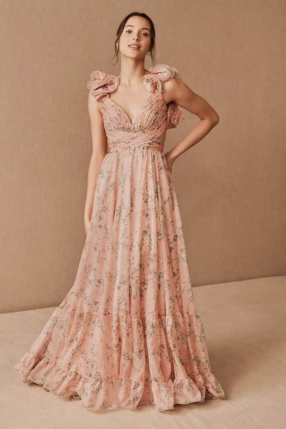 Vestido Maxi Estampado Florado con Volantes - Vestiria
