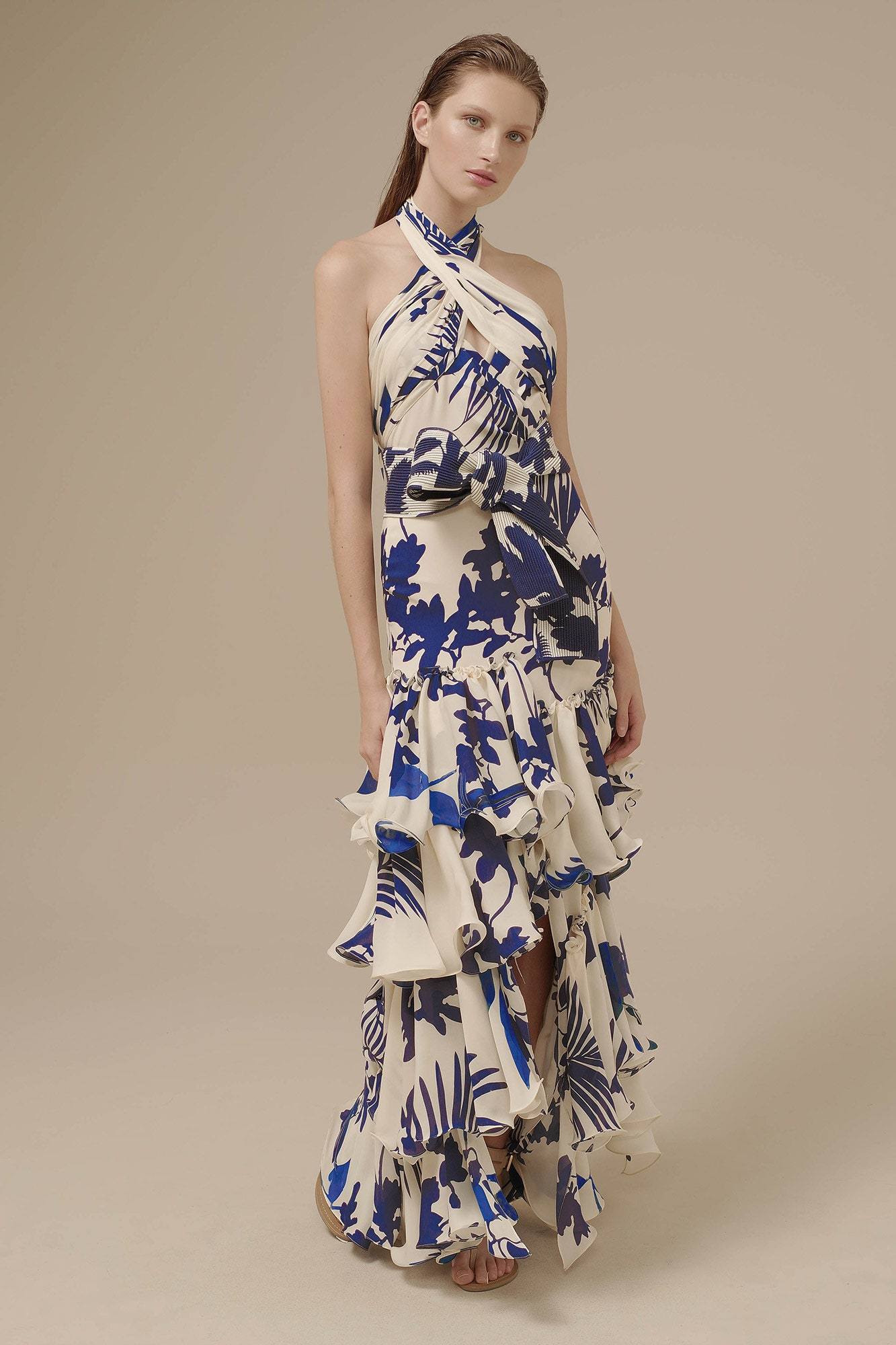 Vestido Estampado Maxi Cuello Alto con Encaje - Vestiria