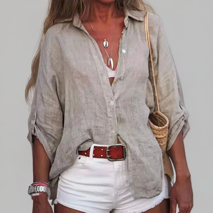 Blusa de lino fresca con mangas cortas para mujer