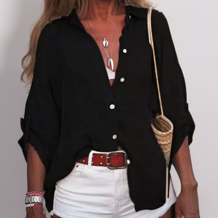 Blusa de lino fresca con mangas cortas para mujer