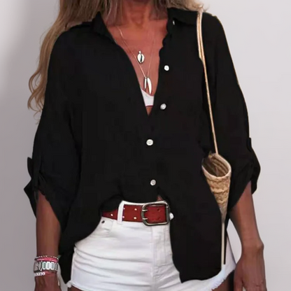 Blusa de lino fresca con mangas cortas para mujer