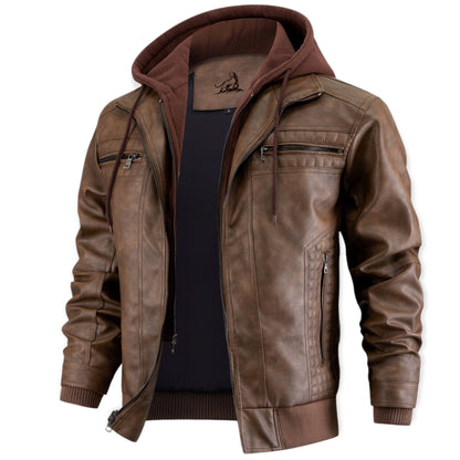 Chaqueta Cuero Hombre con Capucha y Cremallera