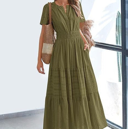 Vestido Mujer Plisado Boho Corto Manga