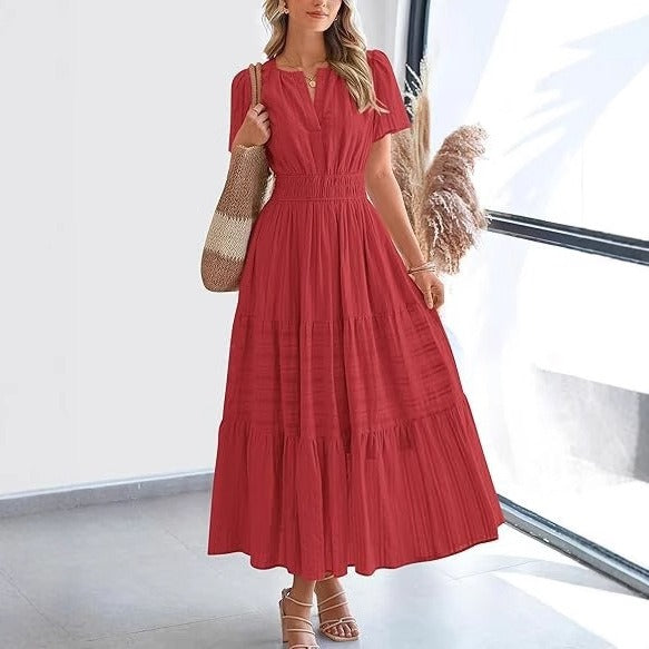 Vestido Mujer Plisado Boho Corto Manga