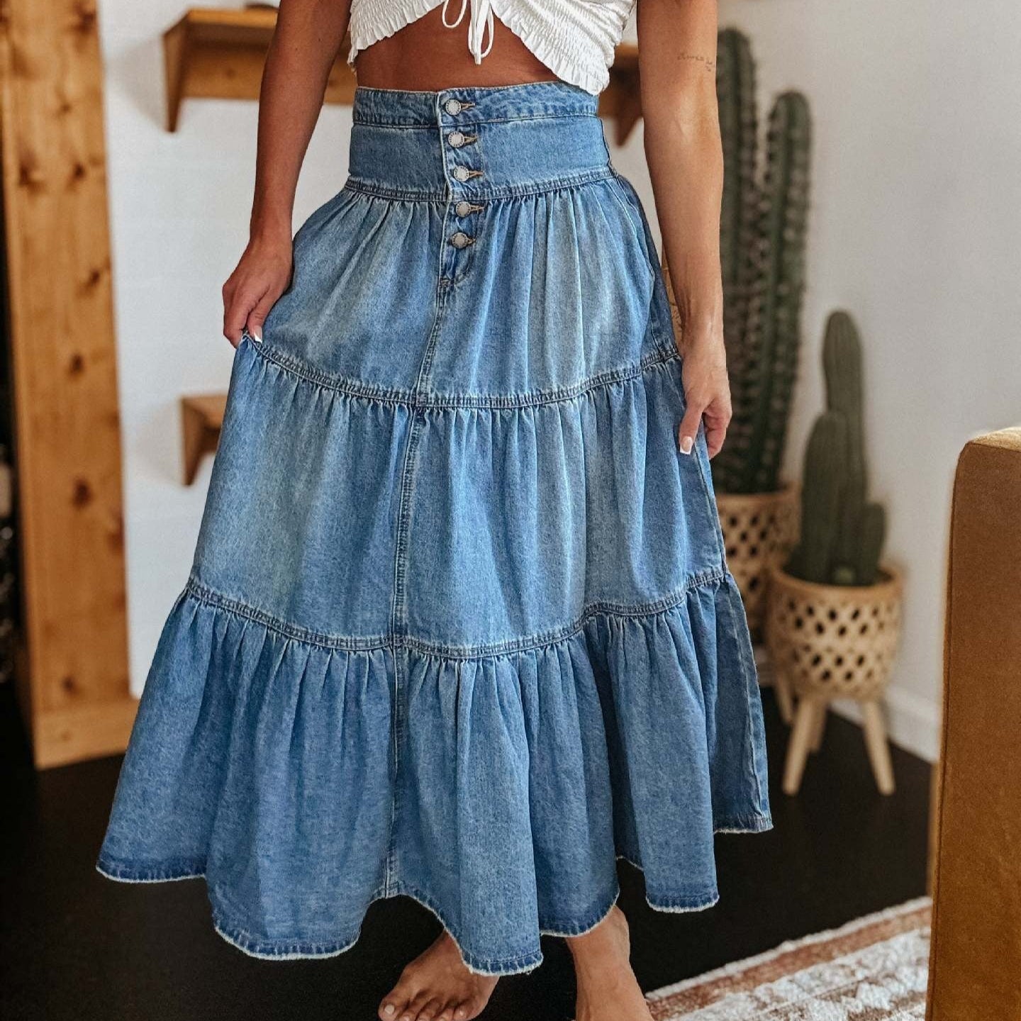 Falda Mujer Jeans Largo Midi Cintura Alta Elegante - Vestiria