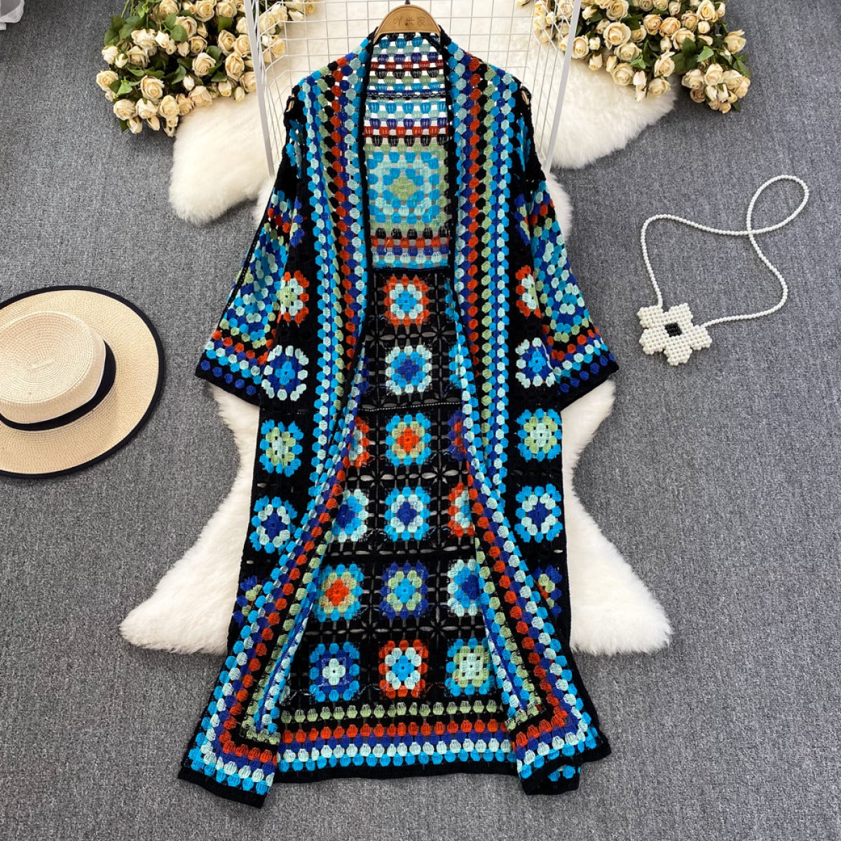 Kimono Mujer Crochet Boho Largo Floral - Vestiria