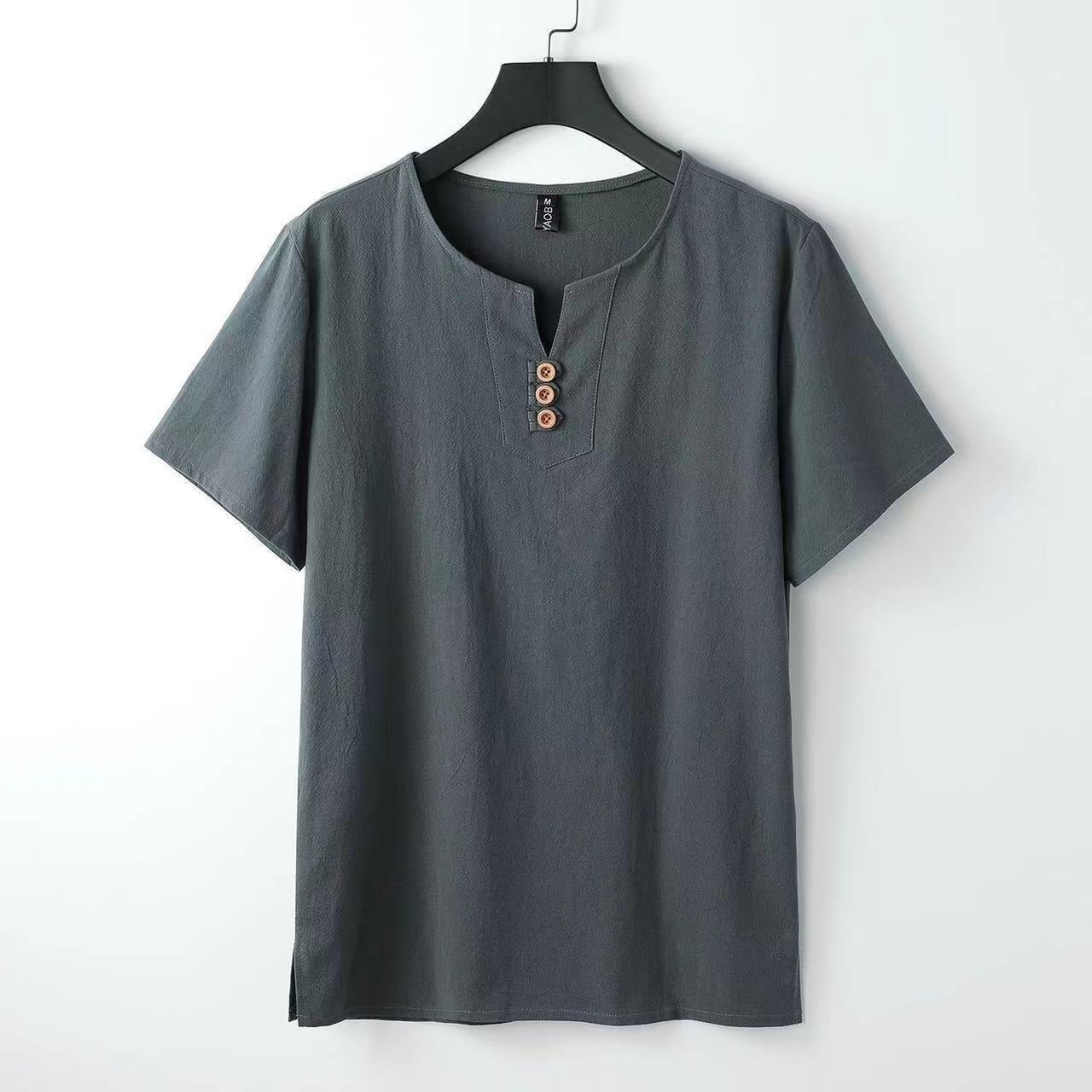 Camiseta Hombre Lino Cuello Redondo Con Botones