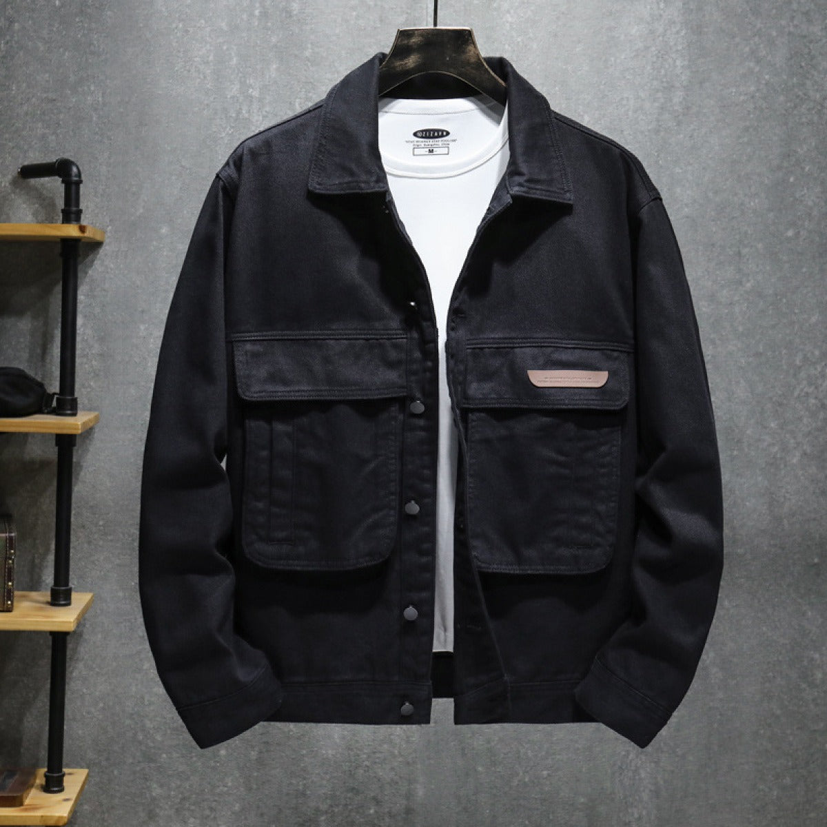 Chaqueta Hombre Cuero Negro Militar con Bolsillos - Vestiria
