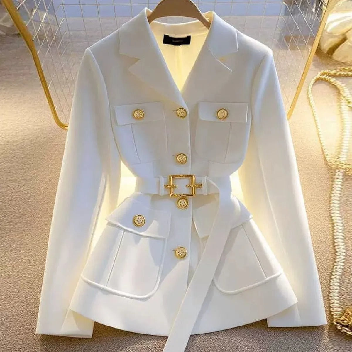 Chaquetón Mujer Cinturón Bolsillos Elegante