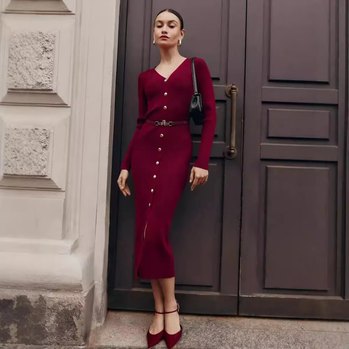 Vestido Midi Elegante con Cinturón Delgado