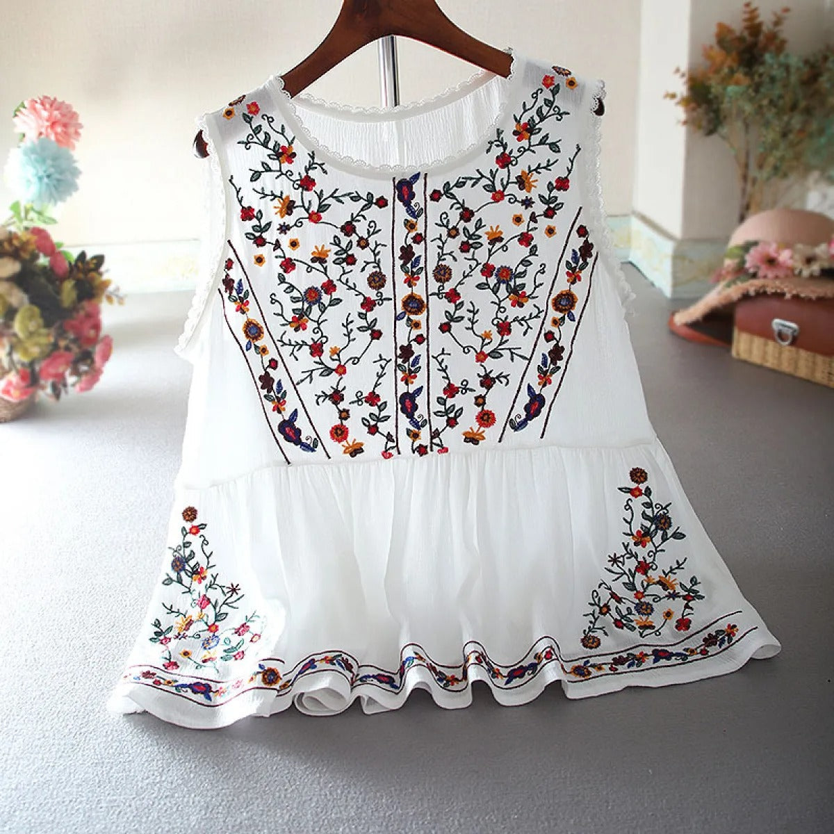 Blusa sin mangas estampado flor vintage mujer