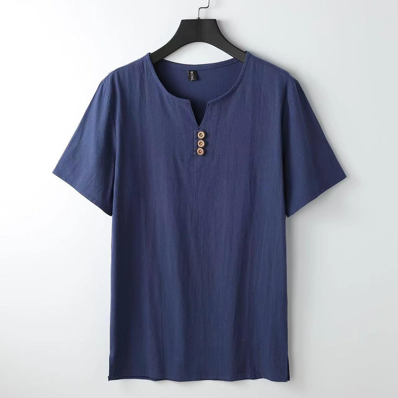 Camiseta Hombre Lino Cuello Redondo Con Botones - Vestiria