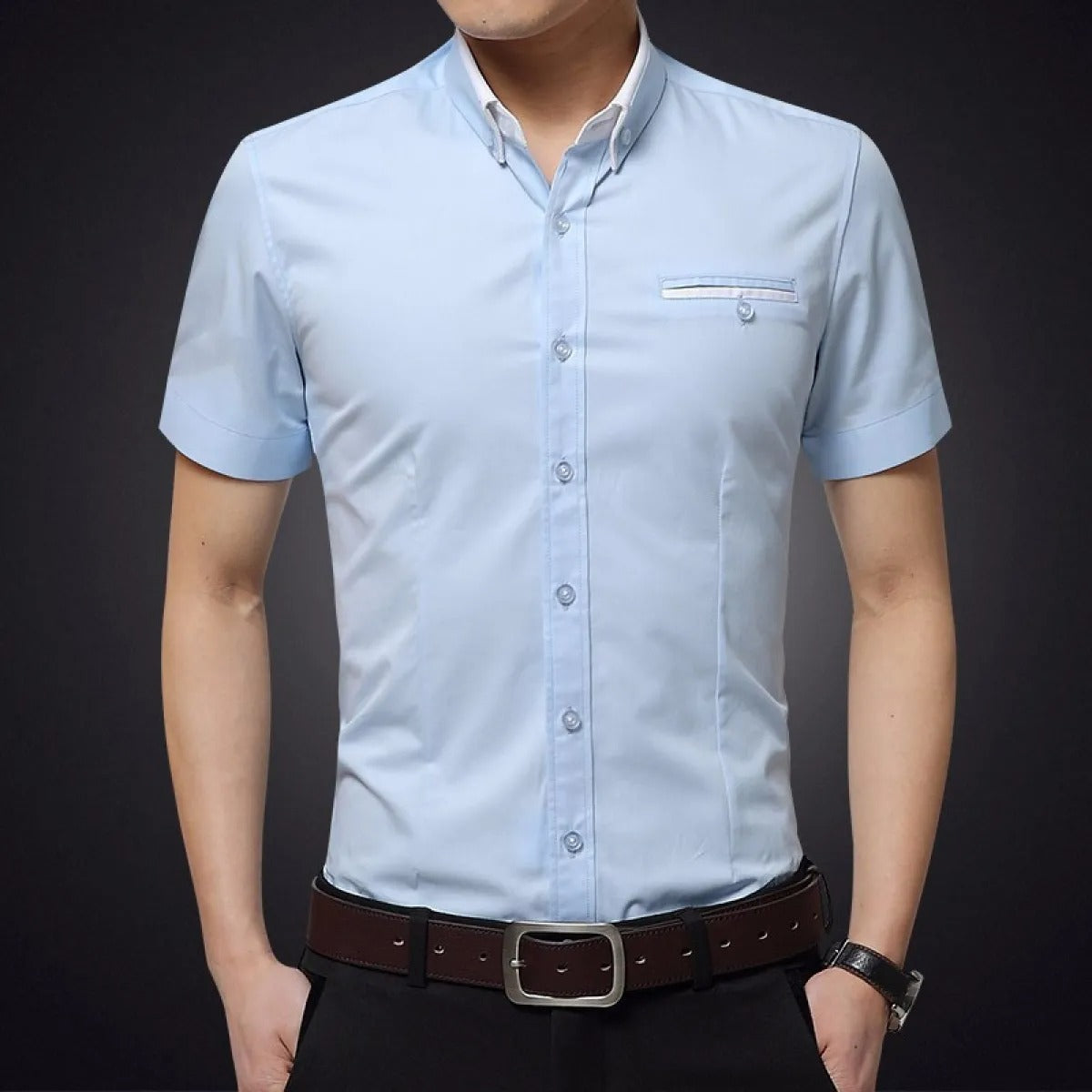 Camisa Hombre Algodón Manga Corta Estrecha