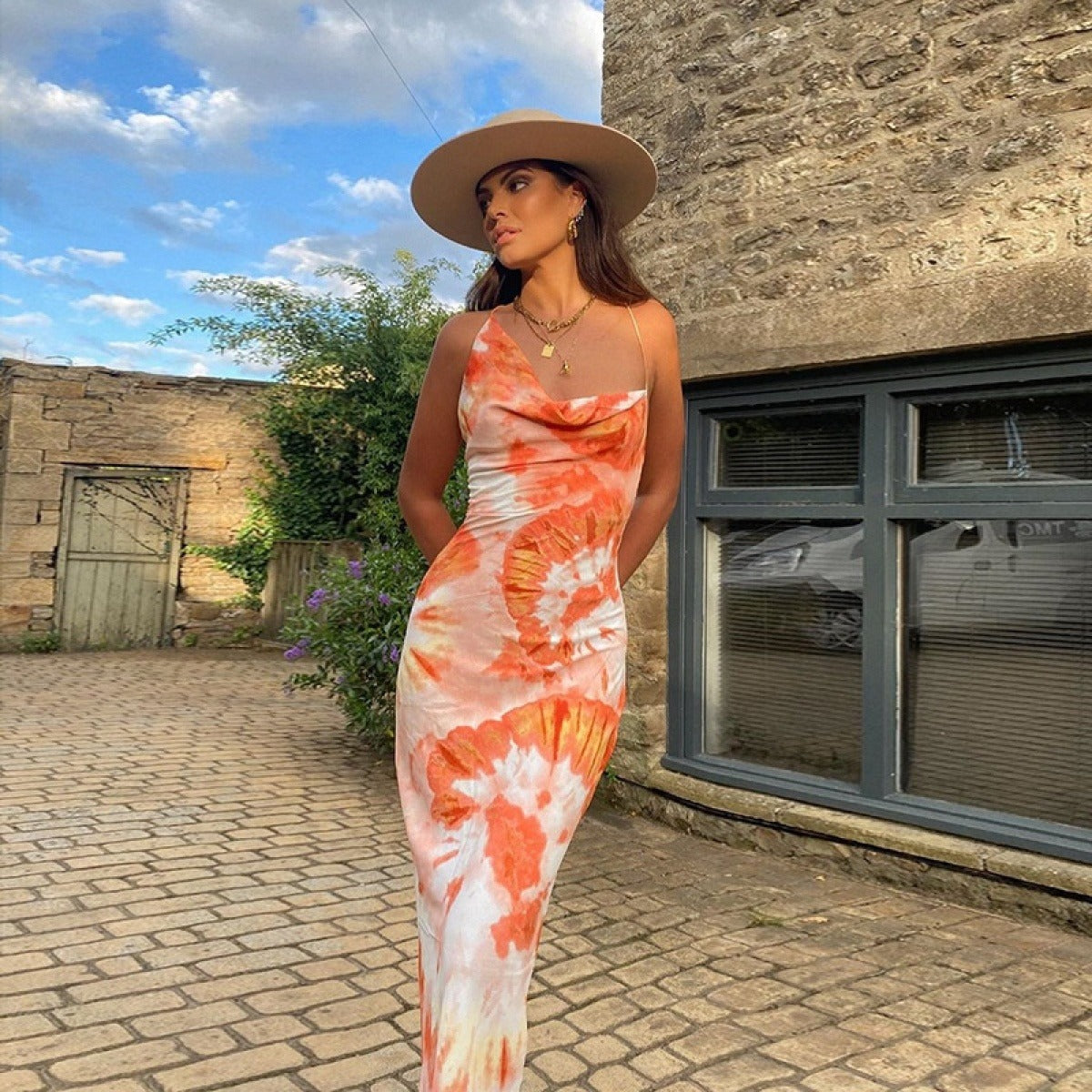 Vestido Tie-Dye Femenino con Escote Drapeado - Vestiria