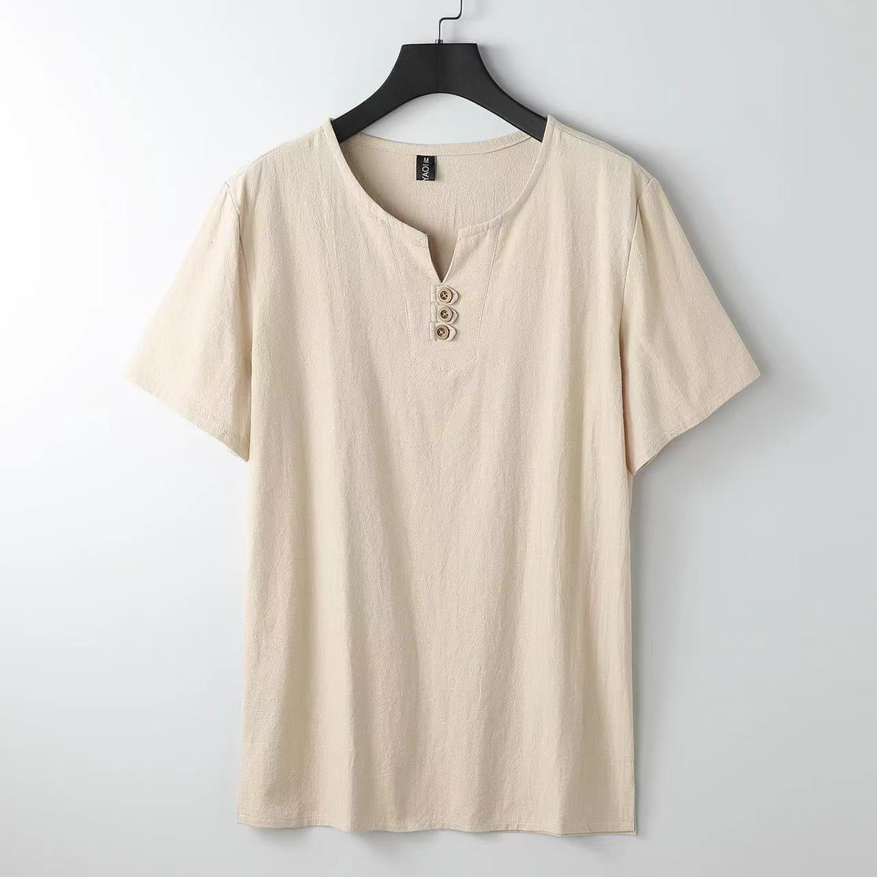 Camiseta Hombre Lino Cuello Redondo Con Botones