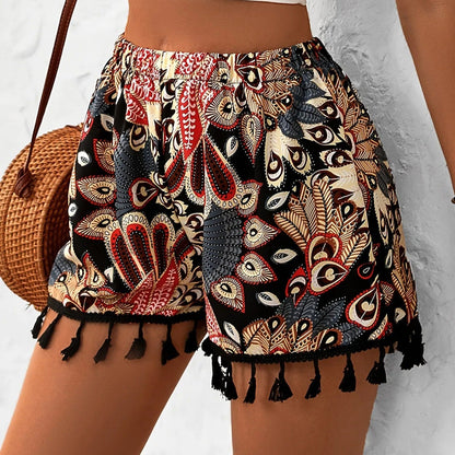 Shorts mujer estampado flores con borlas bohemio - Vestiria