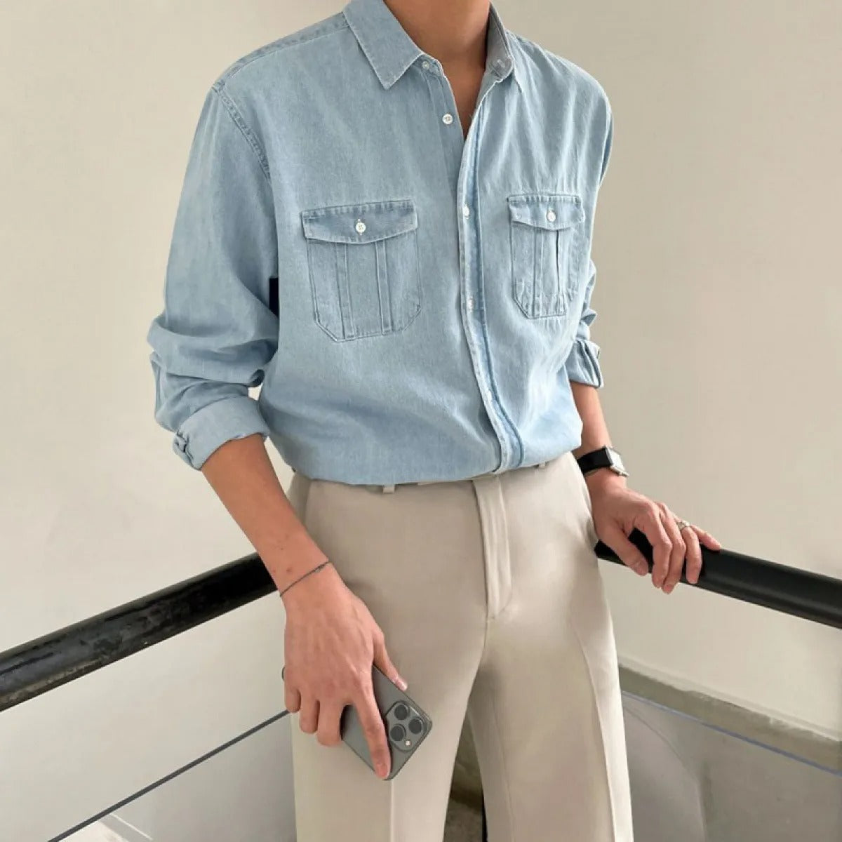 Camisa Hombre Jeans Clásica Bolsillos