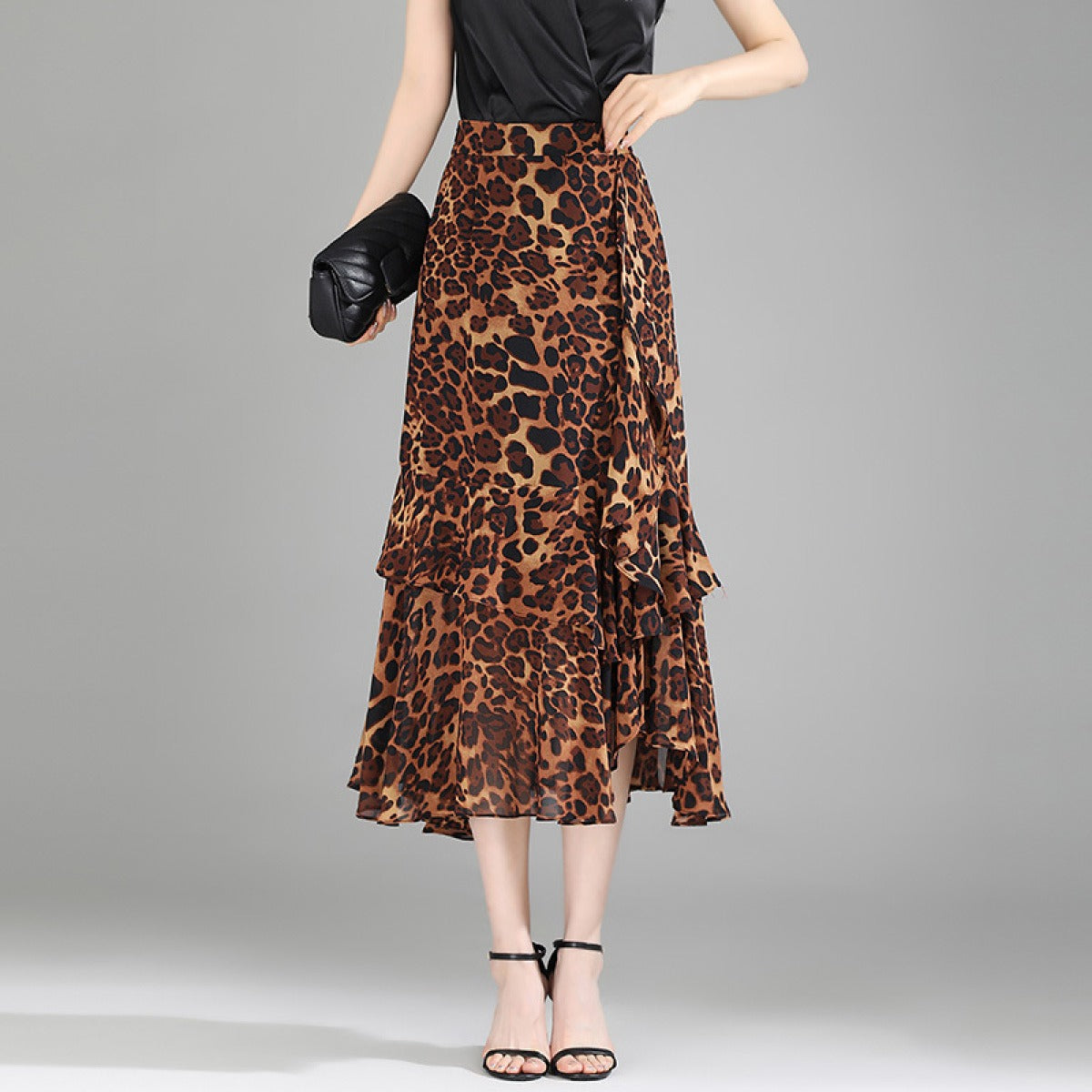 Falda Midi Gasosa Estampada Leopard con Volantes - Vestiria