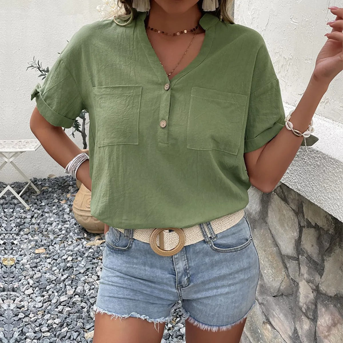 Blusa Mujer Lino Fresca Escote V Manga Corta