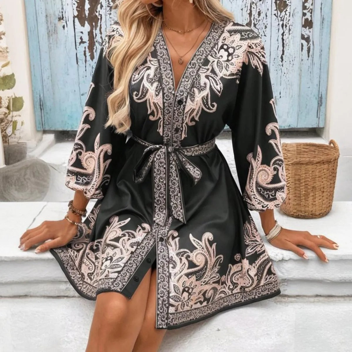 Vestido Boho Corto Satinado Estampado Floral