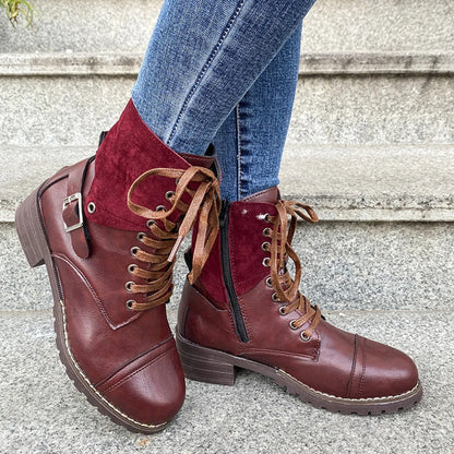 Botas Mujer Cuero Imitación Militar con Cordones