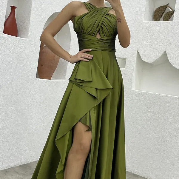 Vestido Largo Mujer Satinado Plisado Asimétrico Elegante - Vestiria