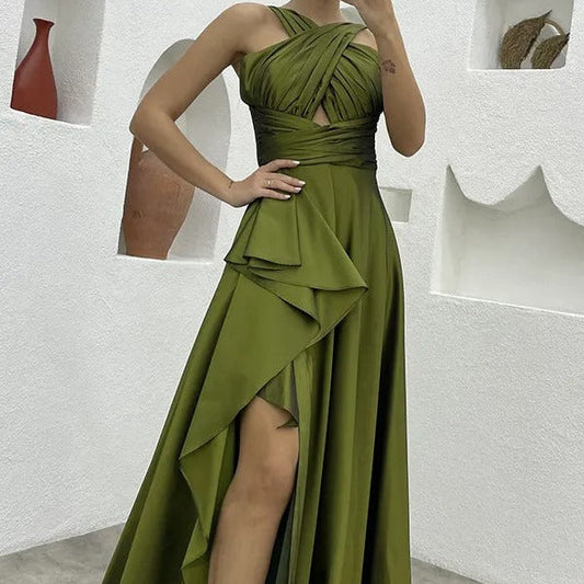 Vestido Largo Mujer Satinado Plisado Asimétrico Elegante - Vestiria