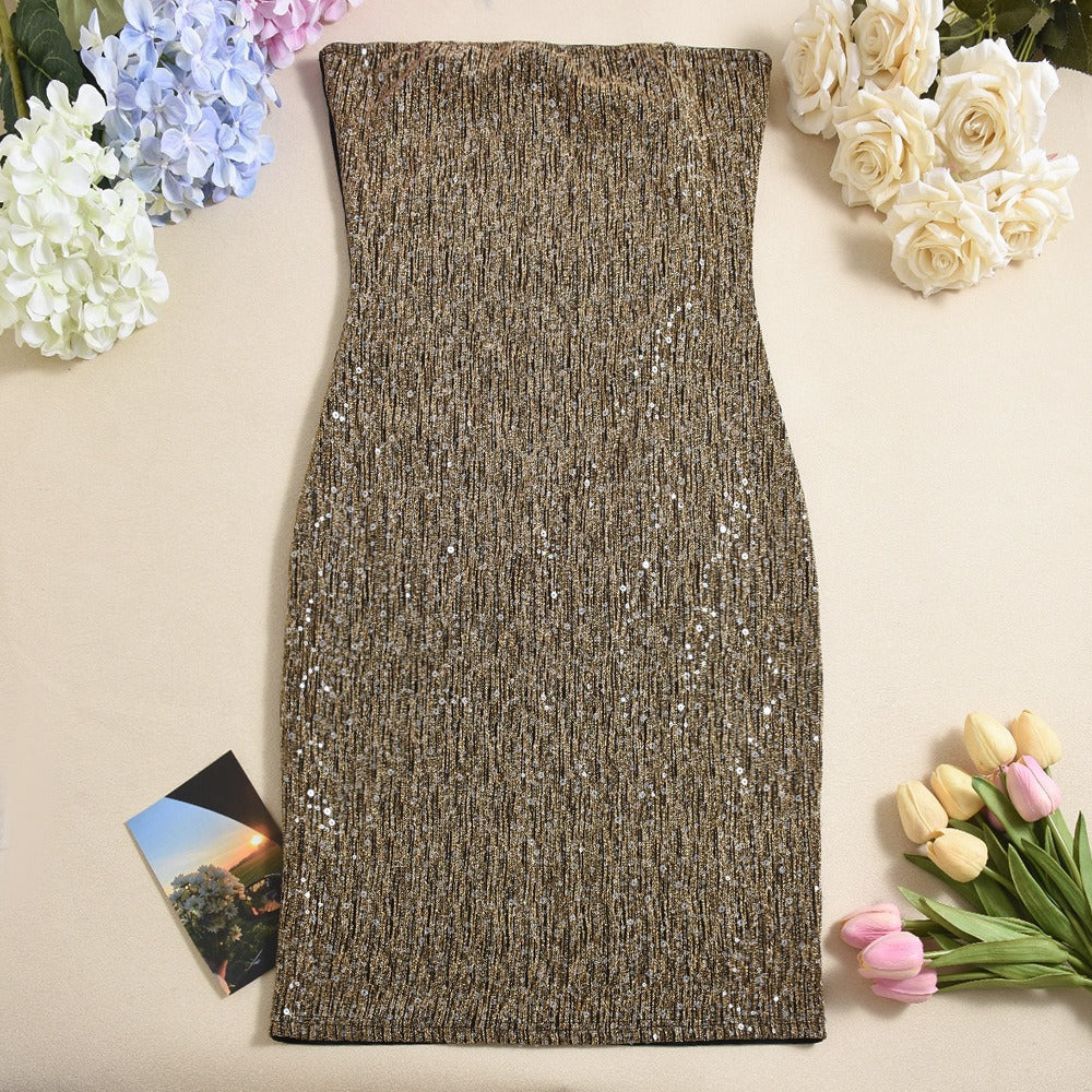 Vestido Fiesta Lentejuelas Corte Fino sin Tirantes